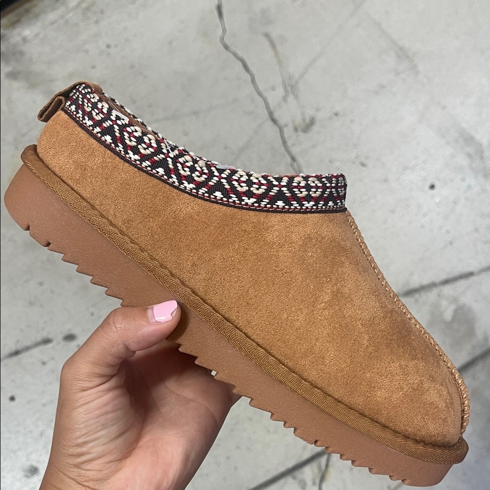 Soda Brown Mules with Patterned Trim